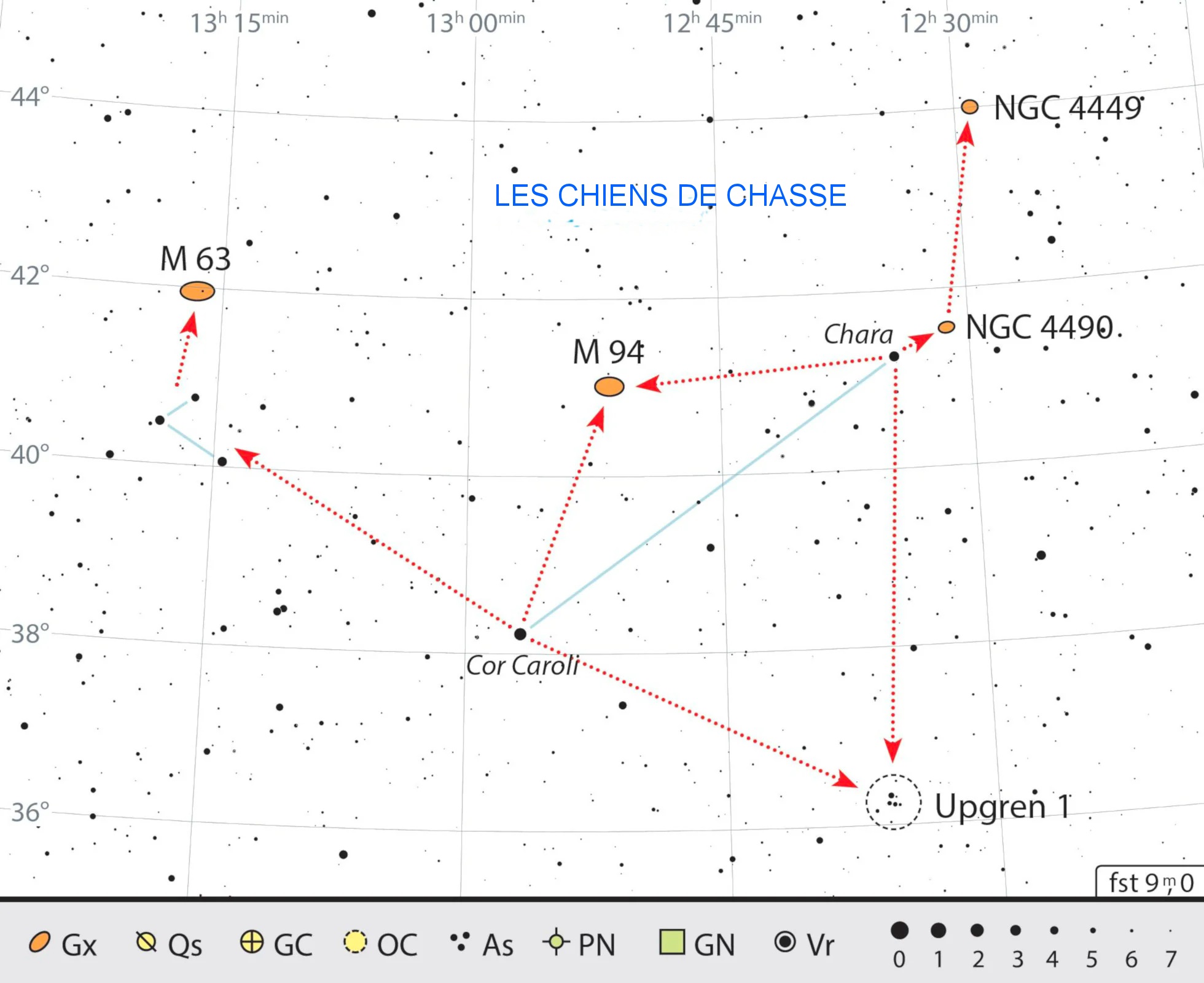 Carte de recherche des objets présentés. Dans la région des Chiens de chasse, pauvre en étoiles, la recherche des galaxies peut s’avérer être un défi. J. Scholten